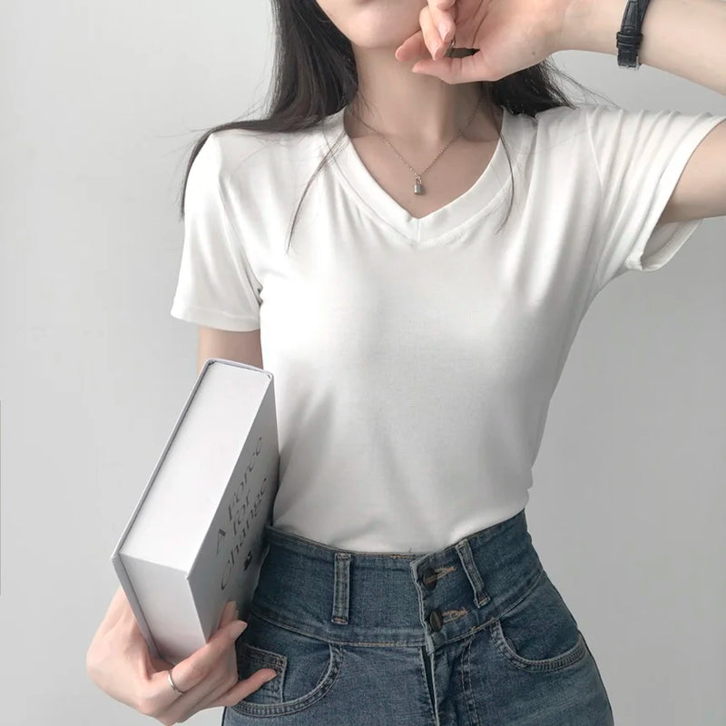 T-shirt Básica Feminina Top cropped malha canelada nozinho estiloso
