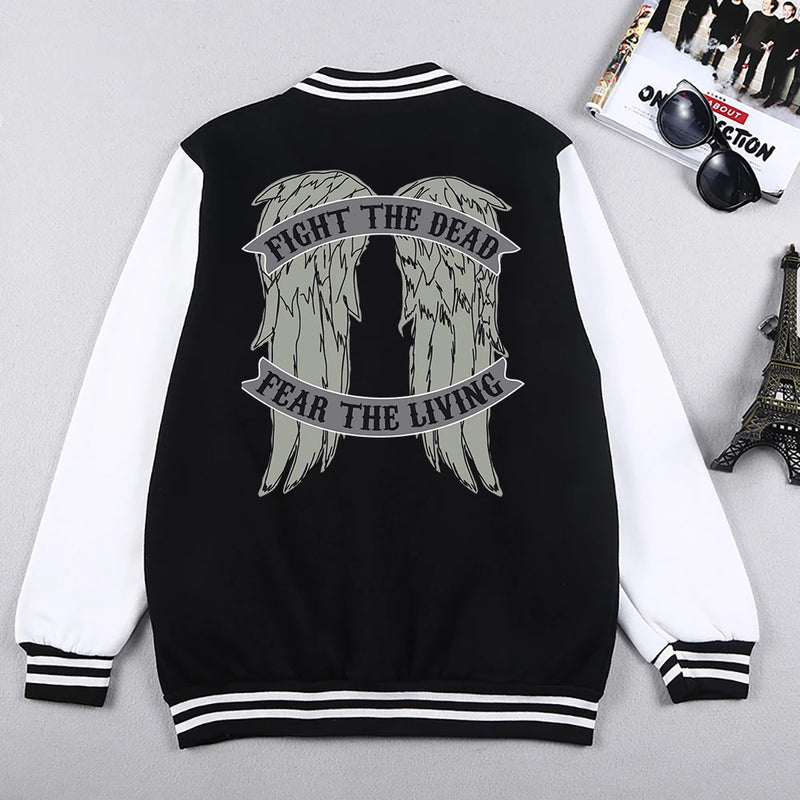 The Walking Dead Imprime Asas Jaquetas Masculinas Moda Roupas Casuais Soltas Uniforme de Beisebol Oversized S-5XL Rua Sportswear Homem