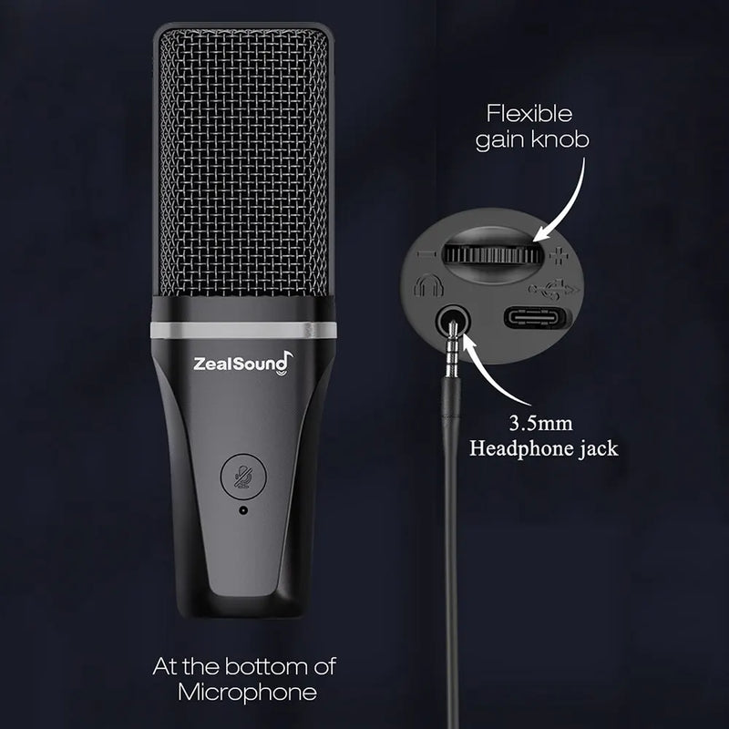 Microfone de gravação Zealsound RGB com braço articulado/microfone condensador USB com tripé para jogos, podcasting, streaming no YouTube