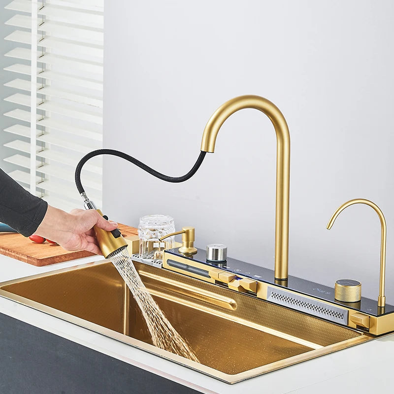 Conjunto de pia de cozinha integrada com display digital dourado escovado, purificador de água cascata/chuva, dispensador de sabão, lavador de copo