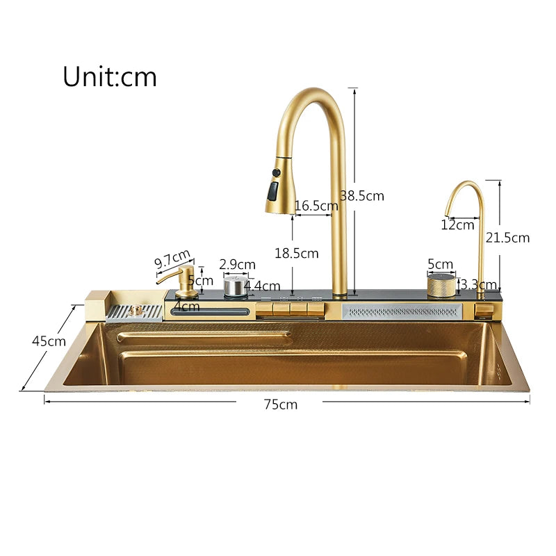 Conjunto de pia de cozinha integrada com display digital dourado escovado, purificador de água cascata/chuva, dispensador de sabão, lavador de copo