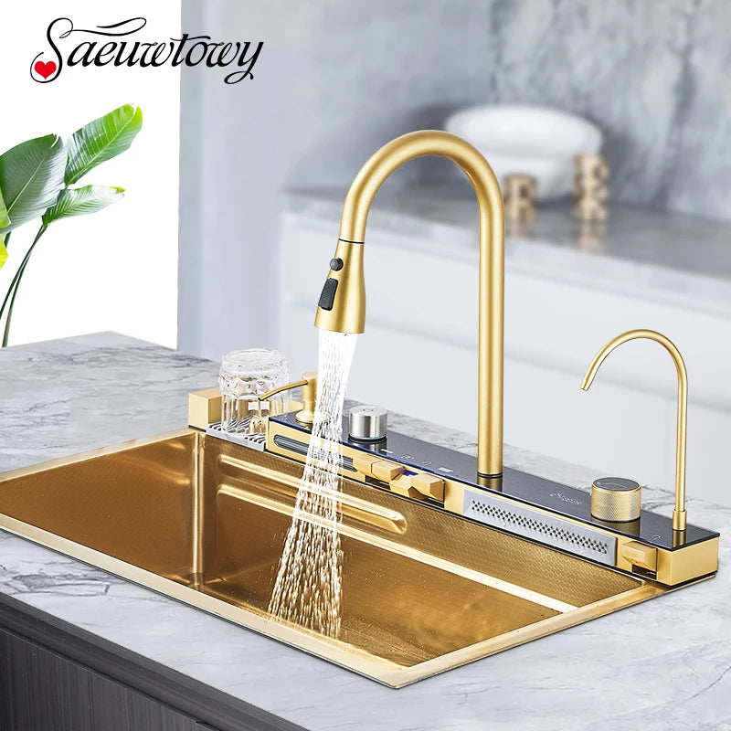 Conjunto de pia de cozinha integrada com display digital dourado escovado, purificador de água cascata/chuva, dispensador de sabão, lavador de copo